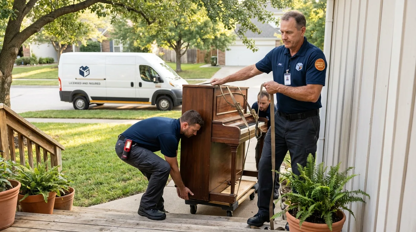Licensed piano movers securing grand piano in Dahlgren, VA
