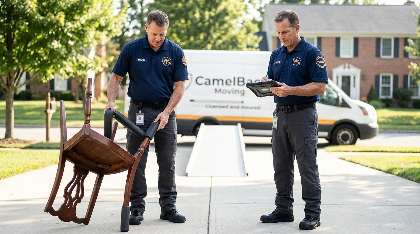 Movers inspecting furniture for damage prevention before loading in Dahlgren, VA